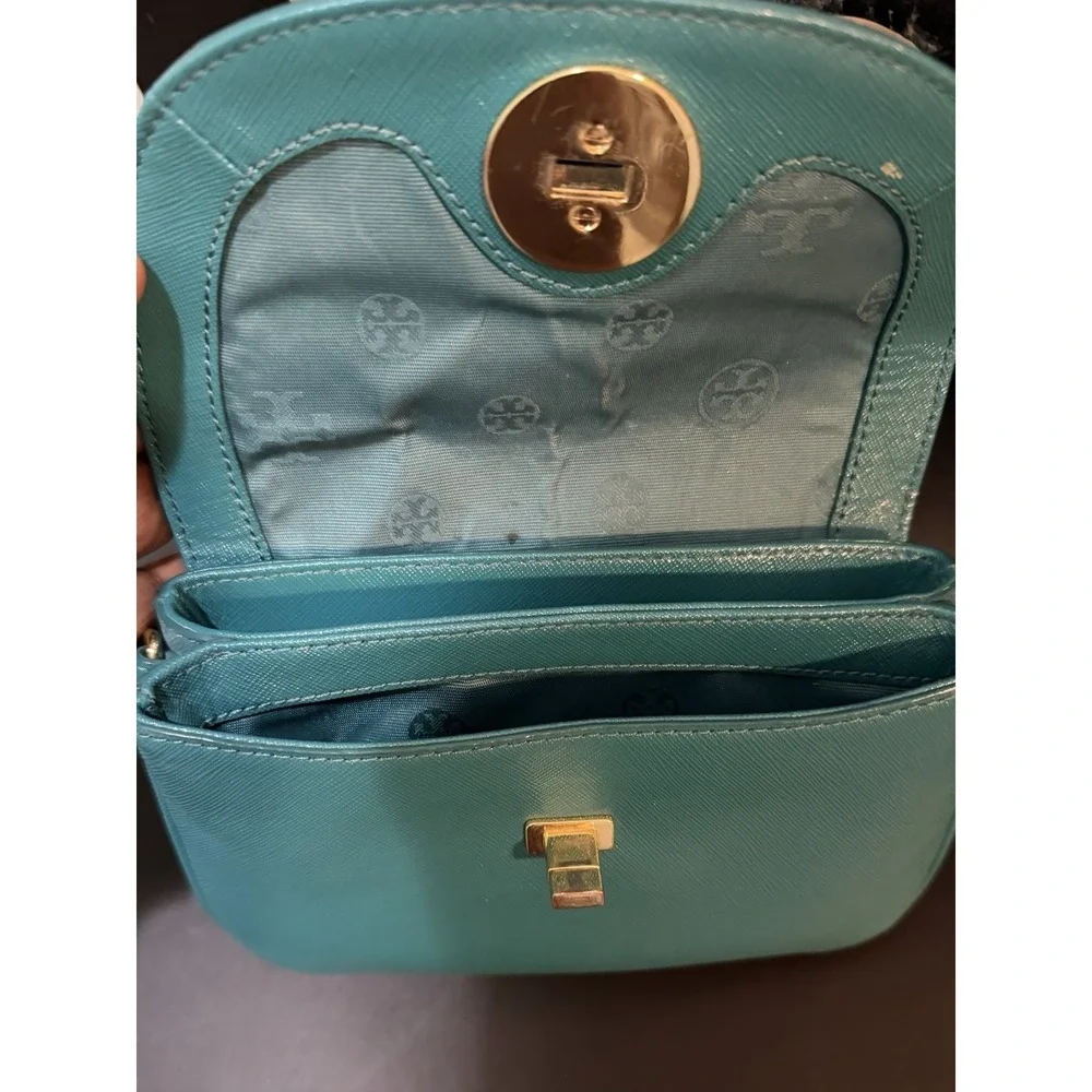 Tory Burch Robinson Turquoise Turn Lock Clutch Crossbody Bag Gold Hardware
